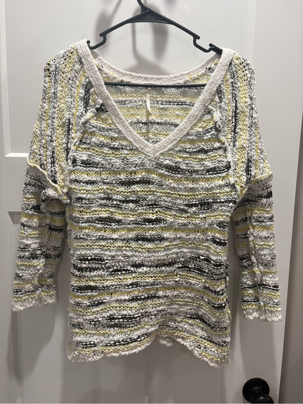 Free People Open-Knit V-Neck Sweater in White, Yellow and Gray